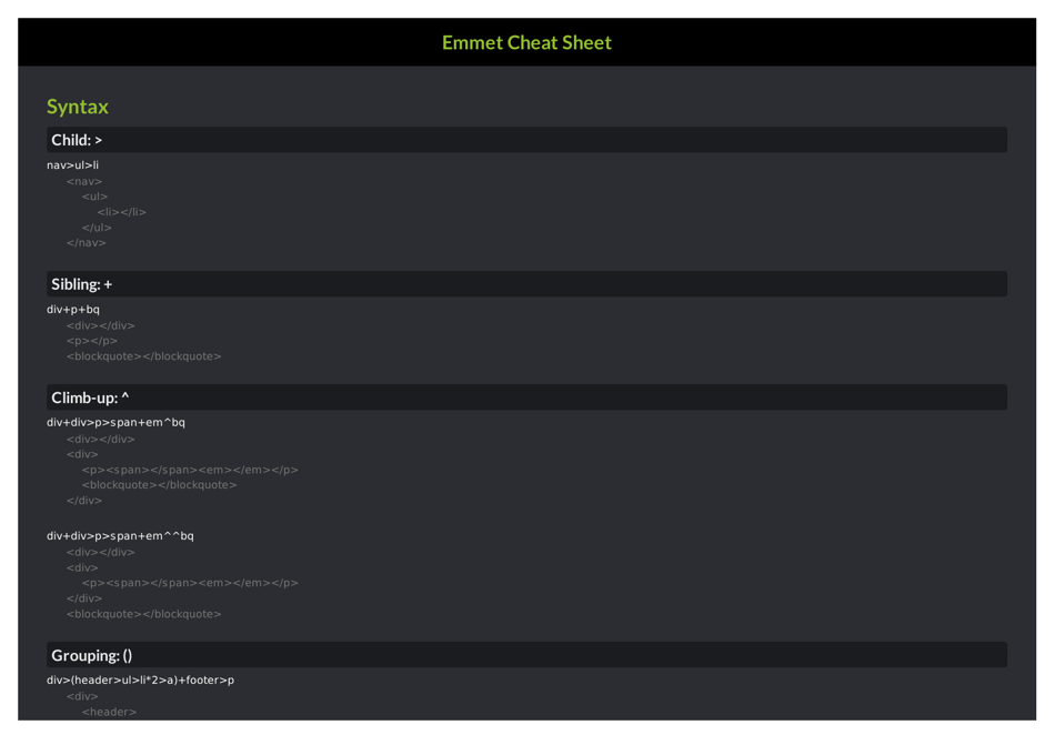 Emmet Syntax Cheat Sheet - Black preview image