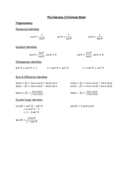 Document preview: Pre-calculus 12 Formula Sheet
