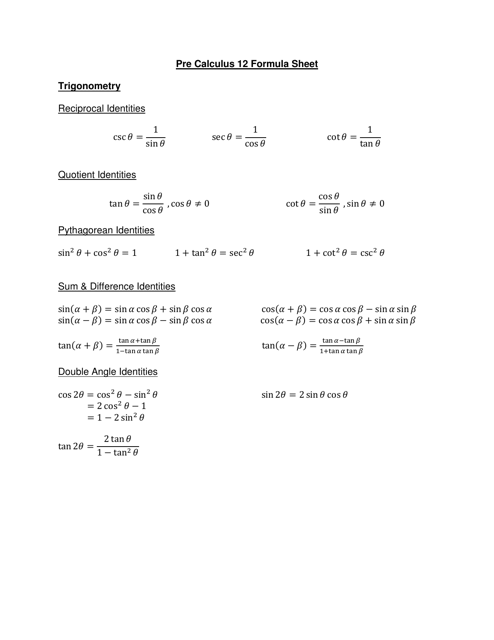 Pre-calculus 12 Formula Sheet - Customizable template providing a comprehensive compilation of essential formulas and equations needed for Pre-calculus 12 course.