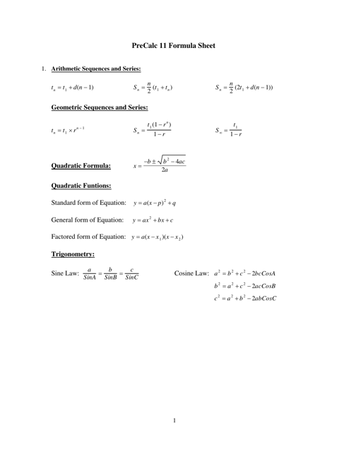 Pre-calculus 11 Formula Cheat Sheet Preview Image