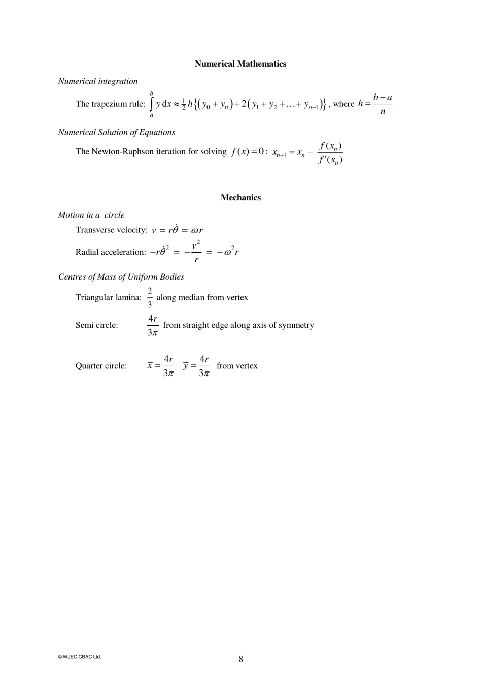 Gce as / A Level Further Mathematics Formula Sheet, Page 8