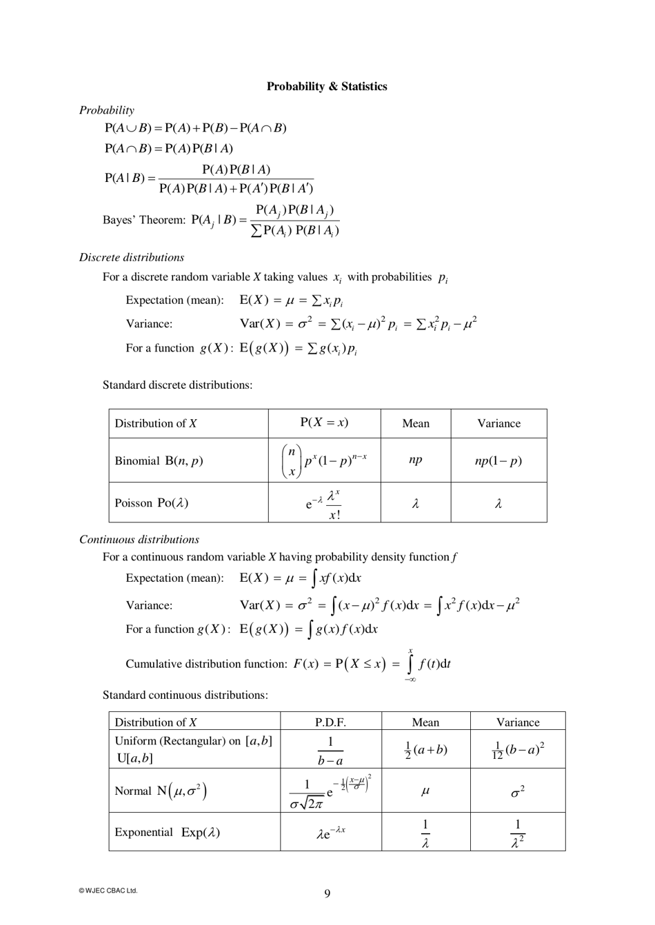 Gce as / A Level Further Mathematics Formula Sheet, Page 9