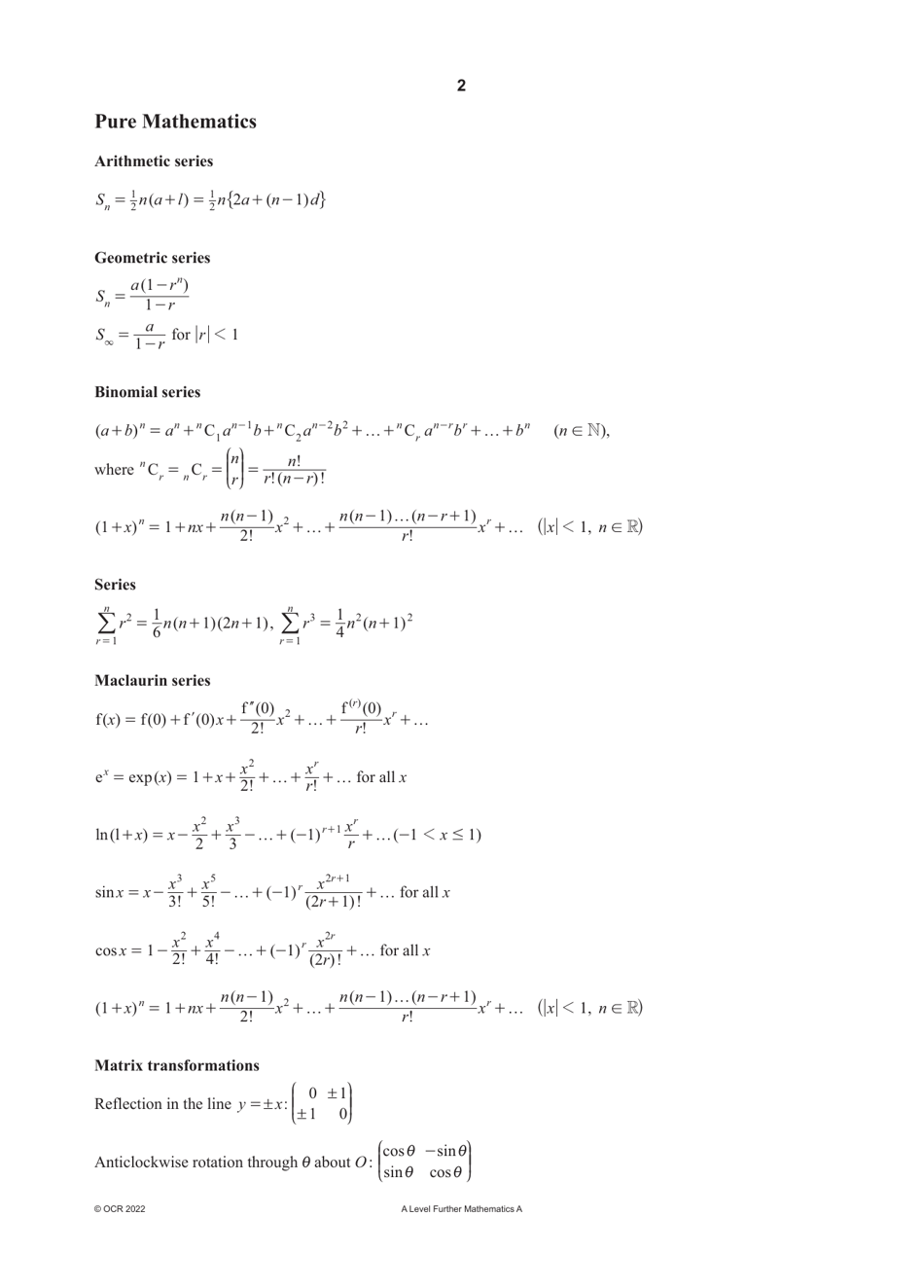 A Level Further Mathematics a (H245) Formula Cheat Sheet, Page 2