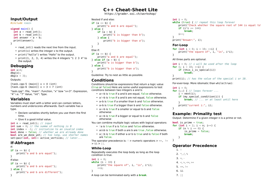 C++ Lite Cheat Sheet