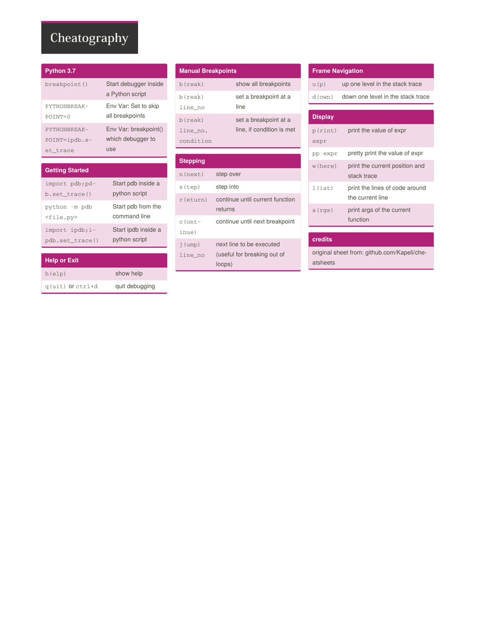 Preview of Python 3.7 Debugging Cheat Sheet document