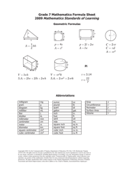 Document preview: Grade 7 Mathematics Formula Sheet