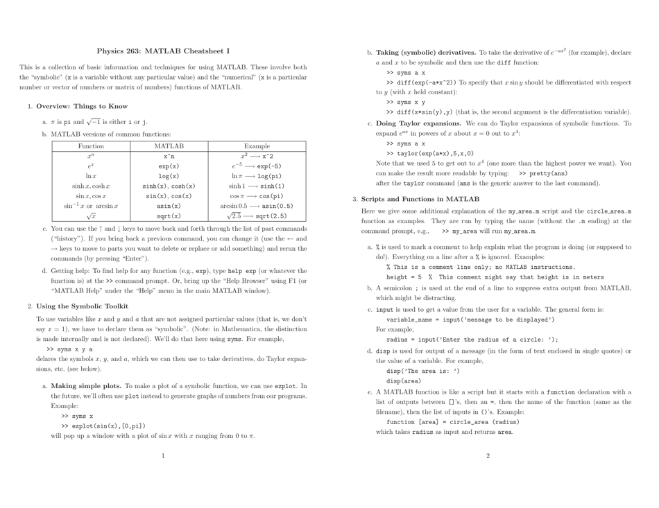 Physics 263 Matlab Cheat Sheet Download Printable PDF | Templateroller