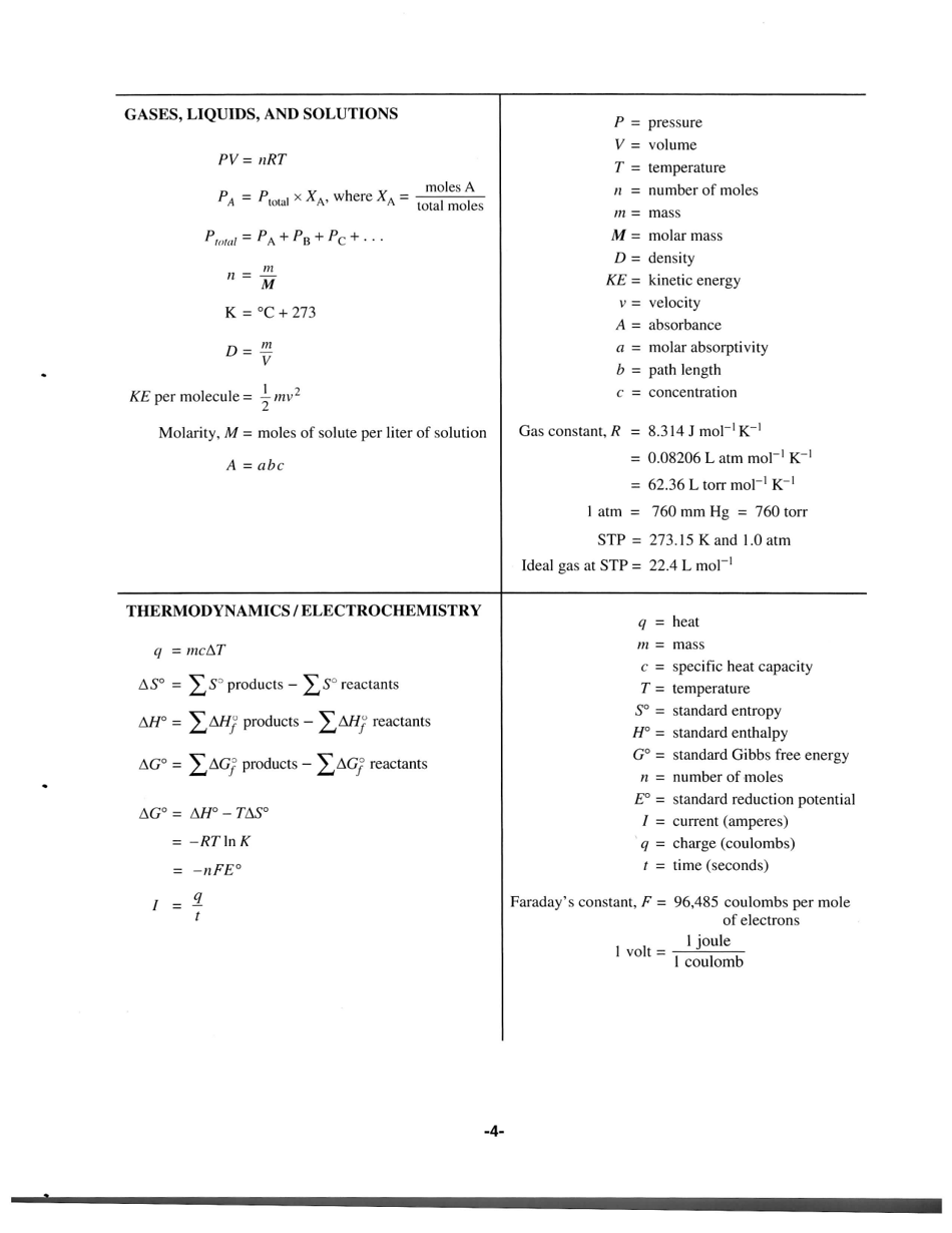 Ap Chemistry Equations and Constants Cheat Sheet - Table and Formulas ...