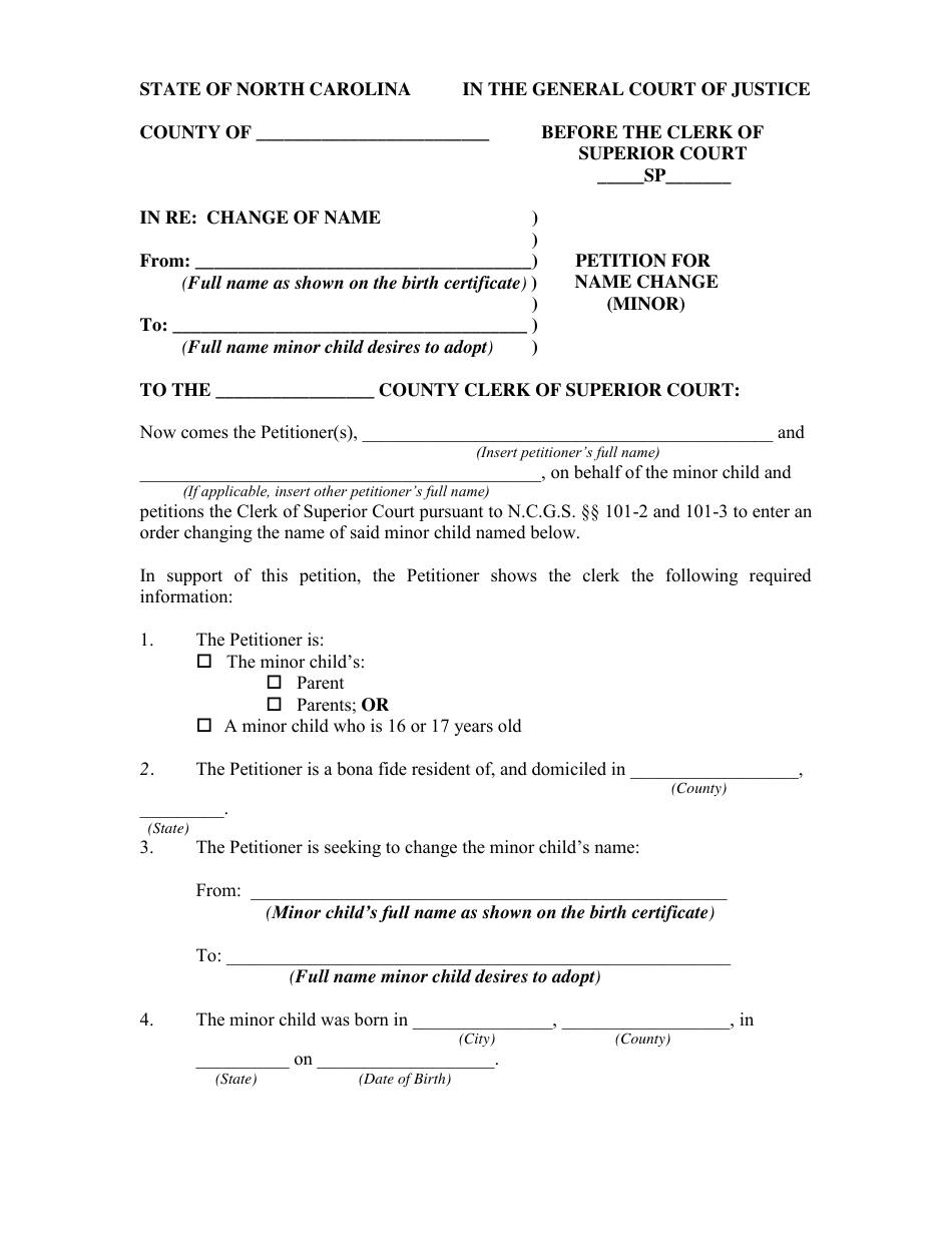 Petition for Name Change (Minor) - North Carolina, Page 1