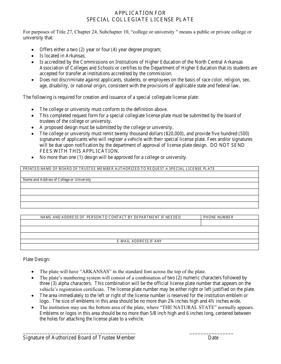 arkansas-application-for-special-collegiate-license-plate-fill-out