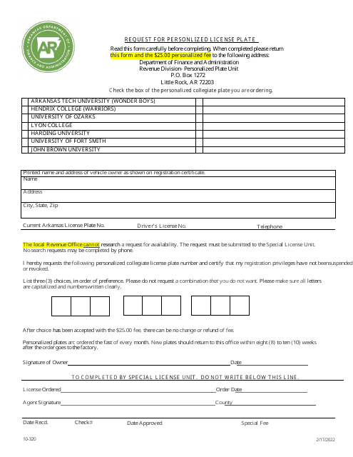 Form 10-320 Request for Personalized License Plate - Group 4 - Arkansas