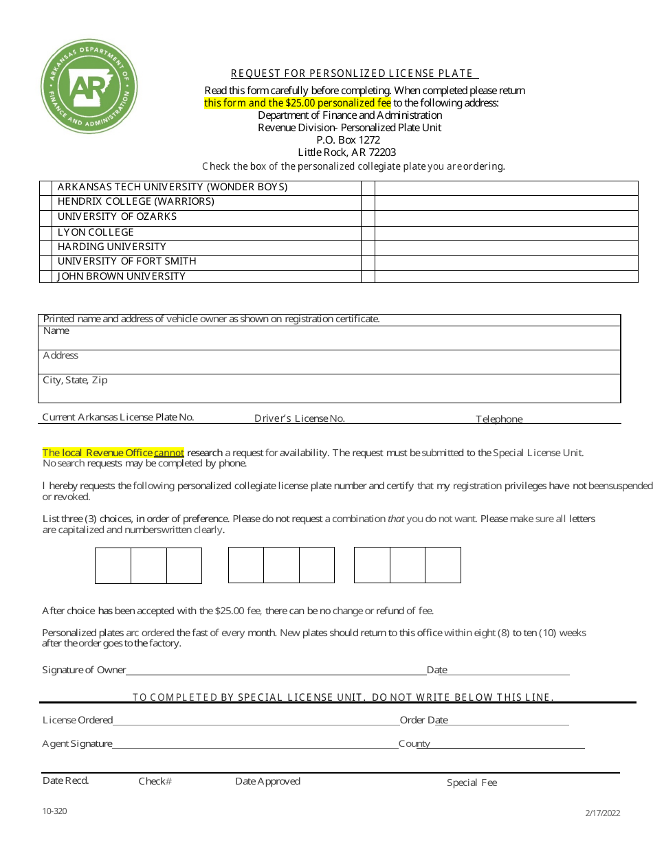 Form 10-320 Request for Personalized License Plate - Group 4 - Arkansas, Page 1