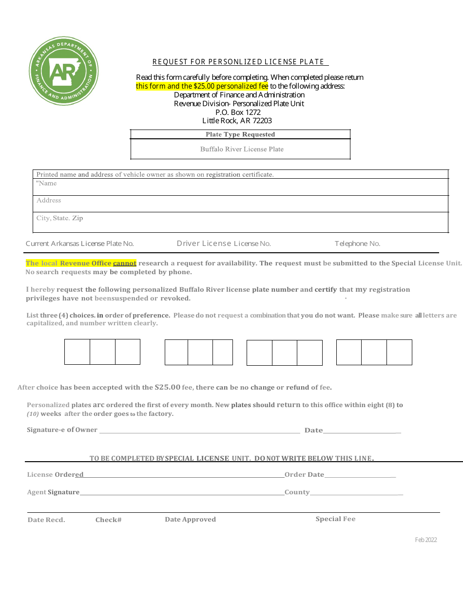 Arkansas Request for Personalized License Plate Buffalo River License