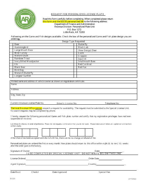 Form I0-320 Request for Personalized License Plate - Arkansas