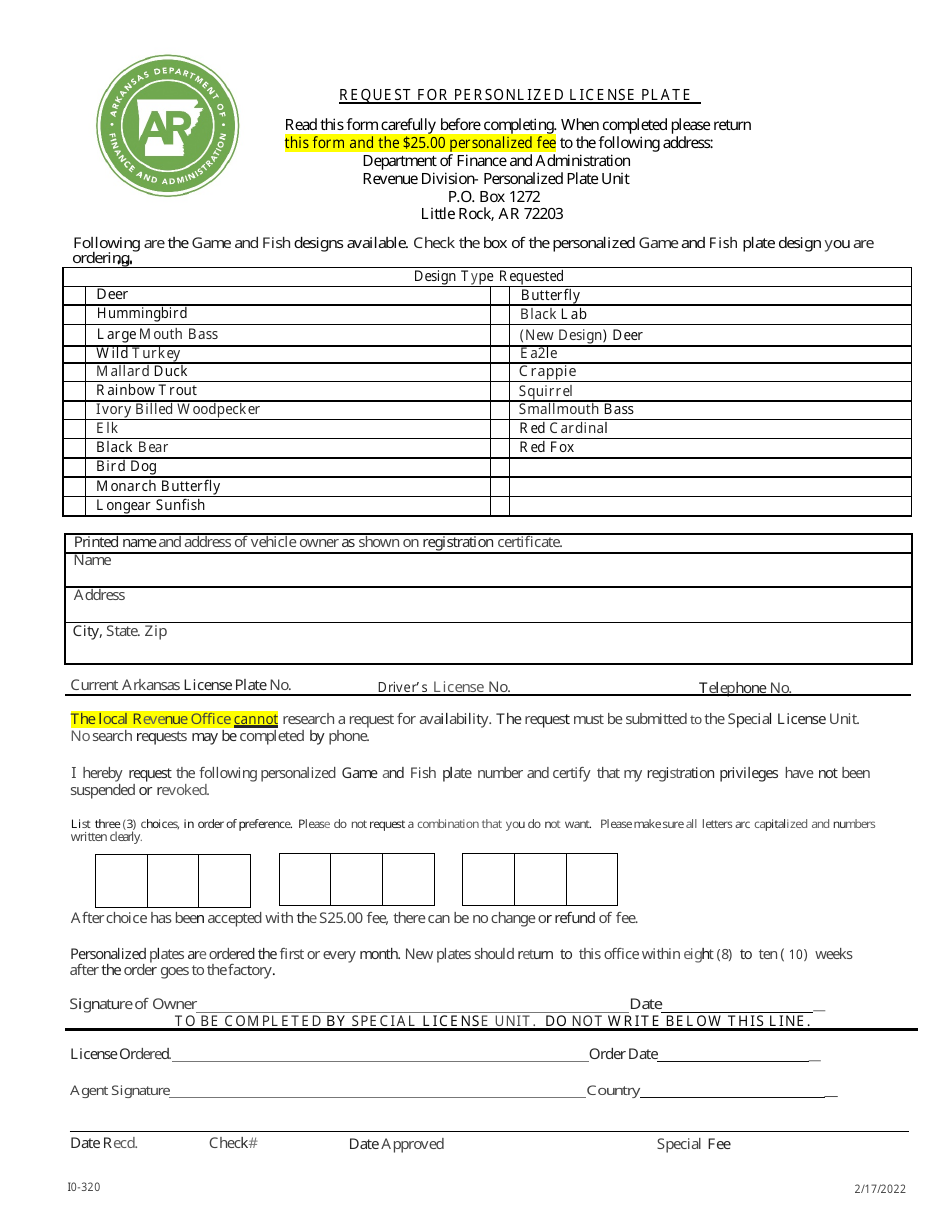 Form I0-320 Request for Personalized License Plate - Arkansas, Page 1