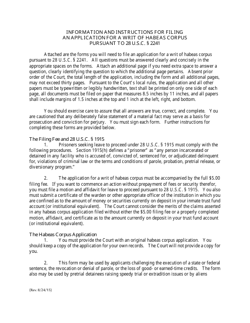 Instructions for Application for Writ of Habeas Corpus 2241 - Colorado Download Pdf