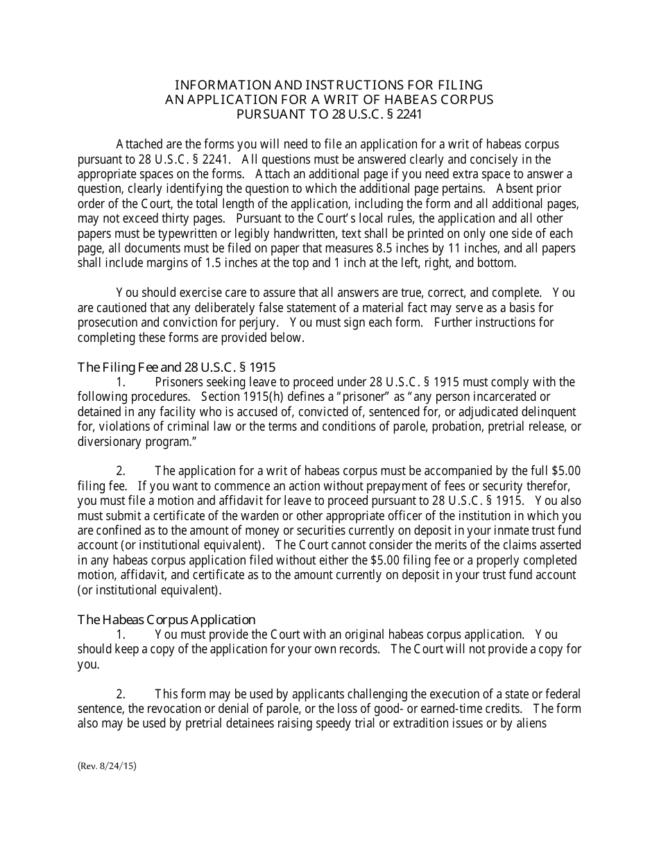 Instructions for Application for Writ of Habeas Corpus 2241 - Colorado, Page 1