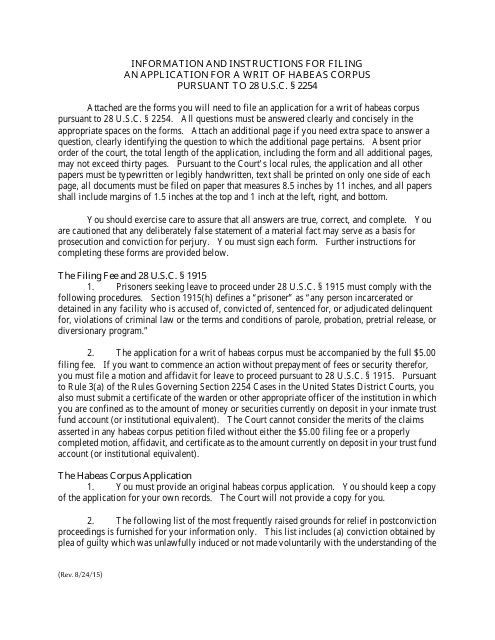 Instructions for Application for Writ of Habeas Corpus 2254 - Colorado Download Pdf