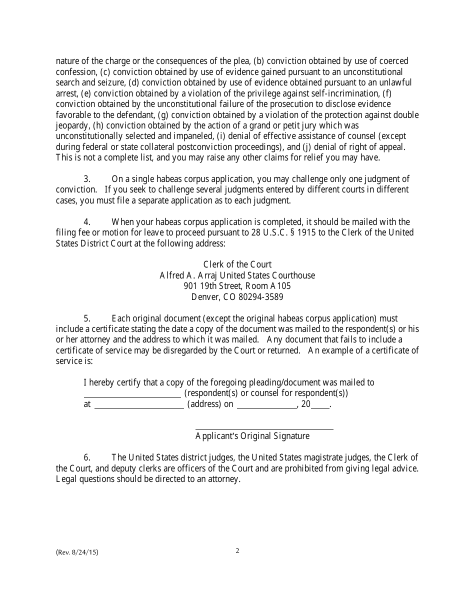 Instructions for Application for Writ of Habeas Corpus 2254 - Colorado, Page 2