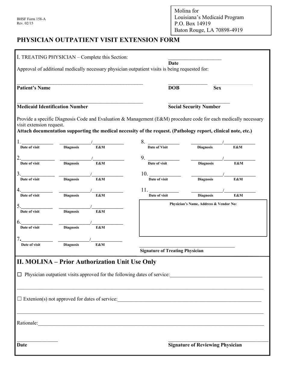 BHSF Form 158-A Physician Outpatient Visit Extension From - Louisiana, Page 2