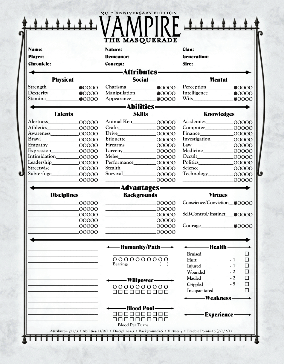 Vampire The Masquerade 20th Anniversary Edition Character Sheet