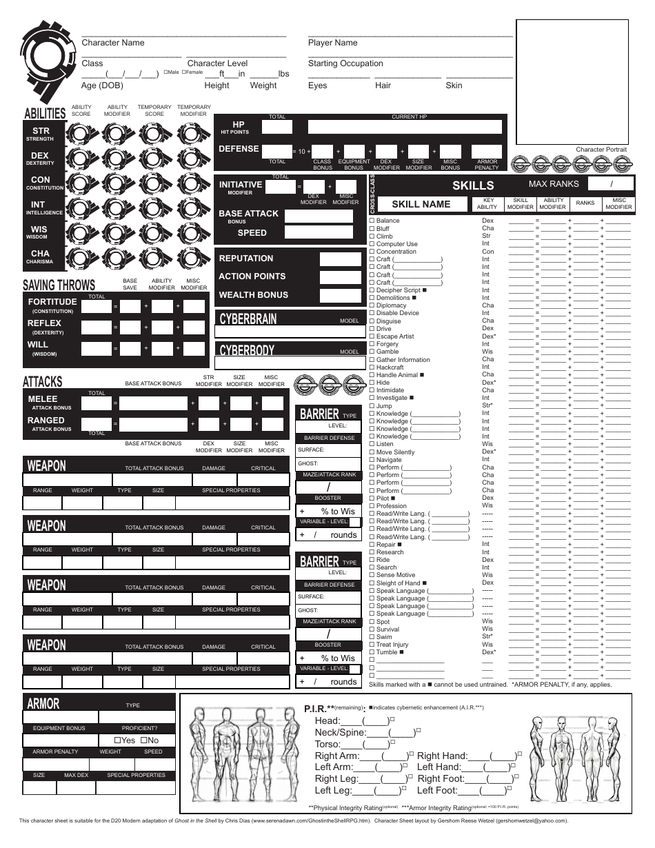 Ghost in the Shell Character Sheet Template - Professionally Designed Document