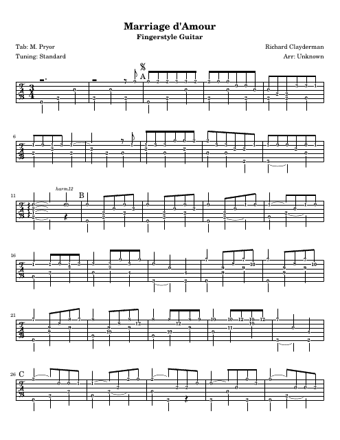 Richard Clayderman - Marriage D'amour Sheet Music - Fingerstyle Guitar