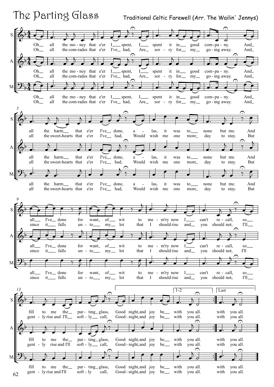 Traditional Celtic Farewell - The Parting Glass - Sheet Music Preview