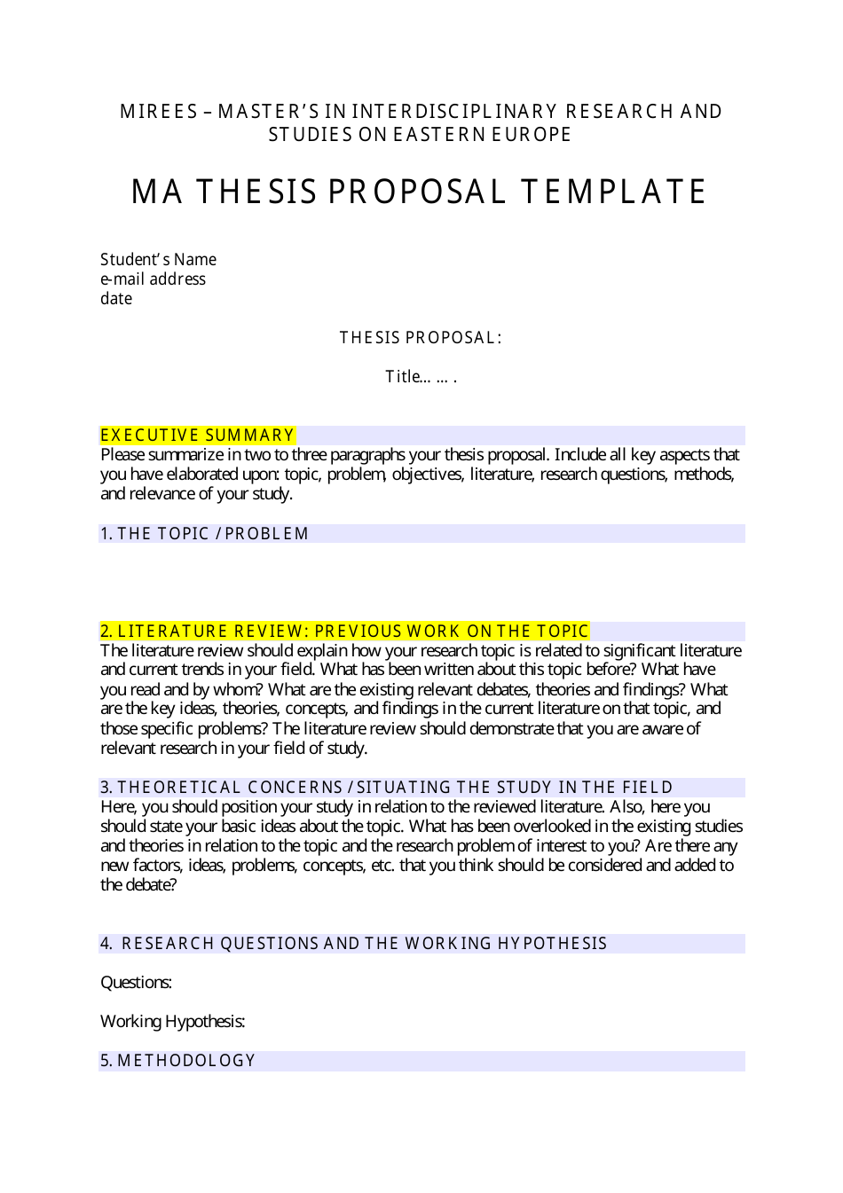 Ma Thesis Proposal Template on Interdisciplinary Research and Studies on Eastern Europe at Universita Di Bologna
