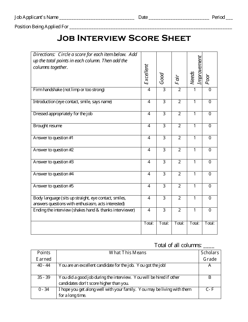 Job Interview Score Sheet Template