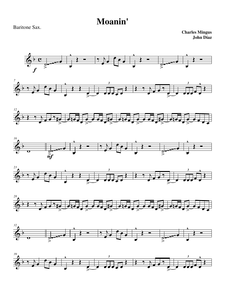 Moanin Baritone Sax. Sheet Music Preview