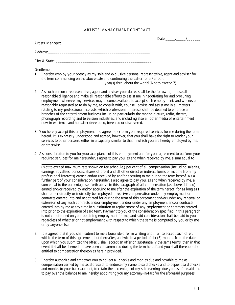 Artists Management Contract Template, Page 1