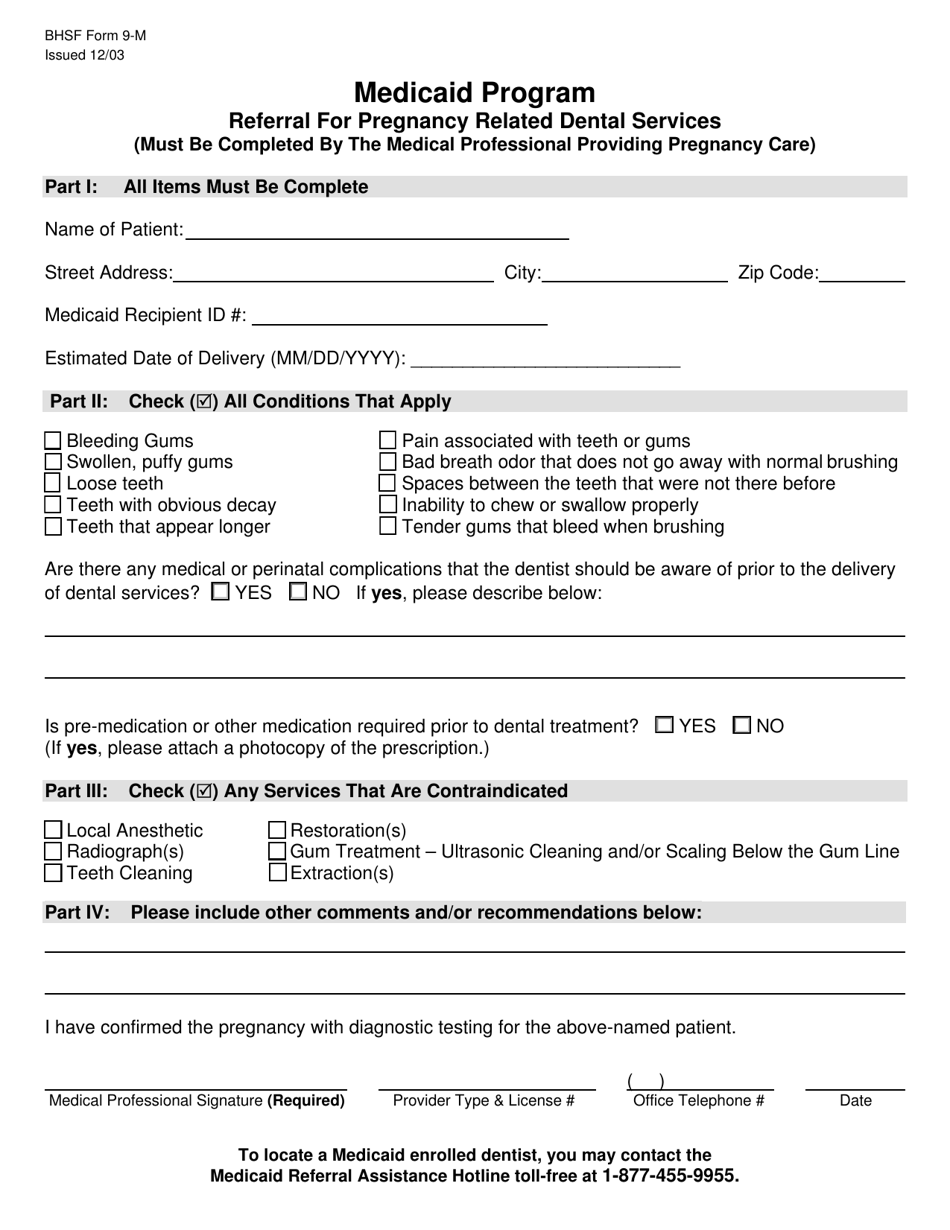 BHSF Form 9-M Medicaid Program Referral for Pregnancy Related Dental Services - Louisiana, Page 1