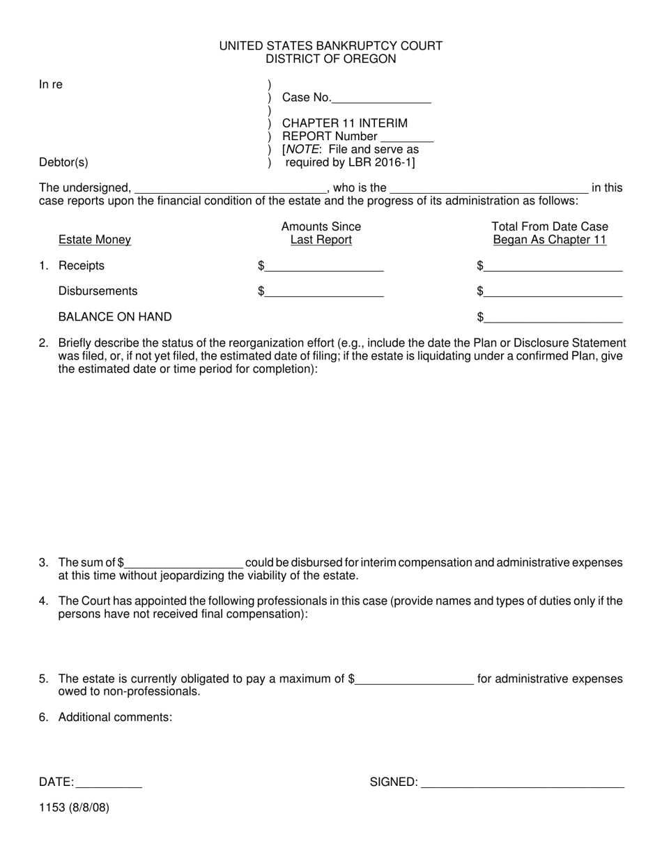 Form 1153 Chapter 11 Interim Report - Oregon, Page 1