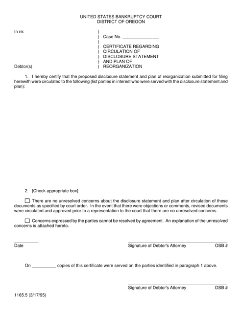 Form 1165.5 Certificate Regarding Circulation of Disclosure Statement and Plan of Reorganization - Oregon