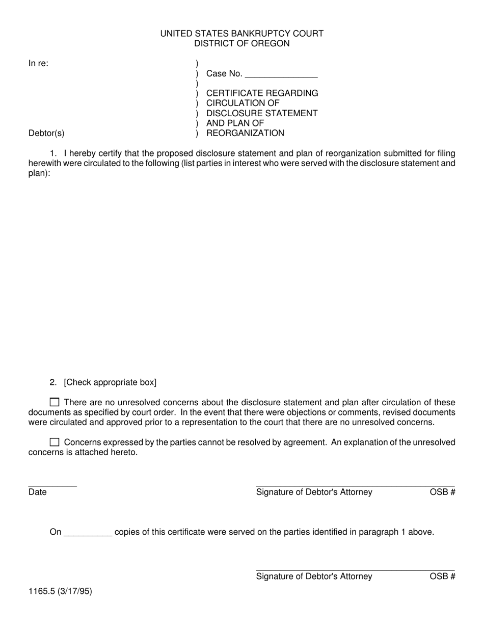 Form 1165.5 Certificate Regarding Circulation of Disclosure Statement and Plan of Reorganization - Oregon, Page 1