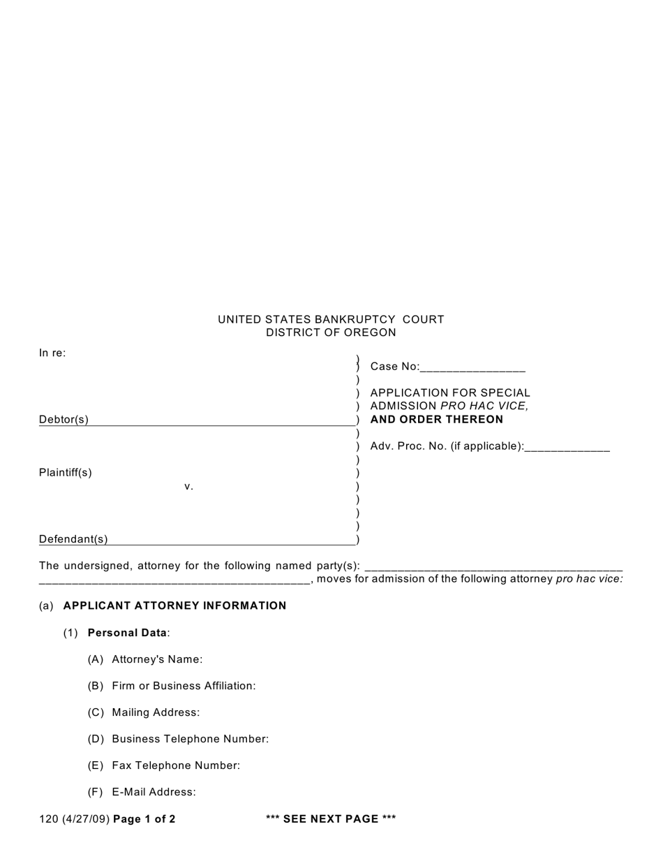 Form 120 Application for Special Admission Pro Hac Vice, and Order Thereon - Oregon, Page 1