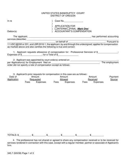 Form 345.7 Application for Interim/Final Accountant's Compensation - Oregon