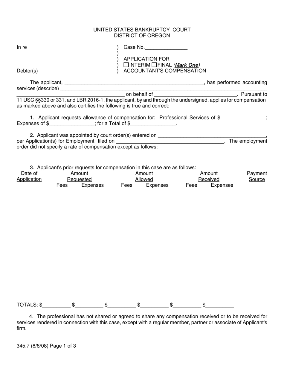 Form 345.7 Application for Interim / Final Accountants Compensation - Oregon, Page 1