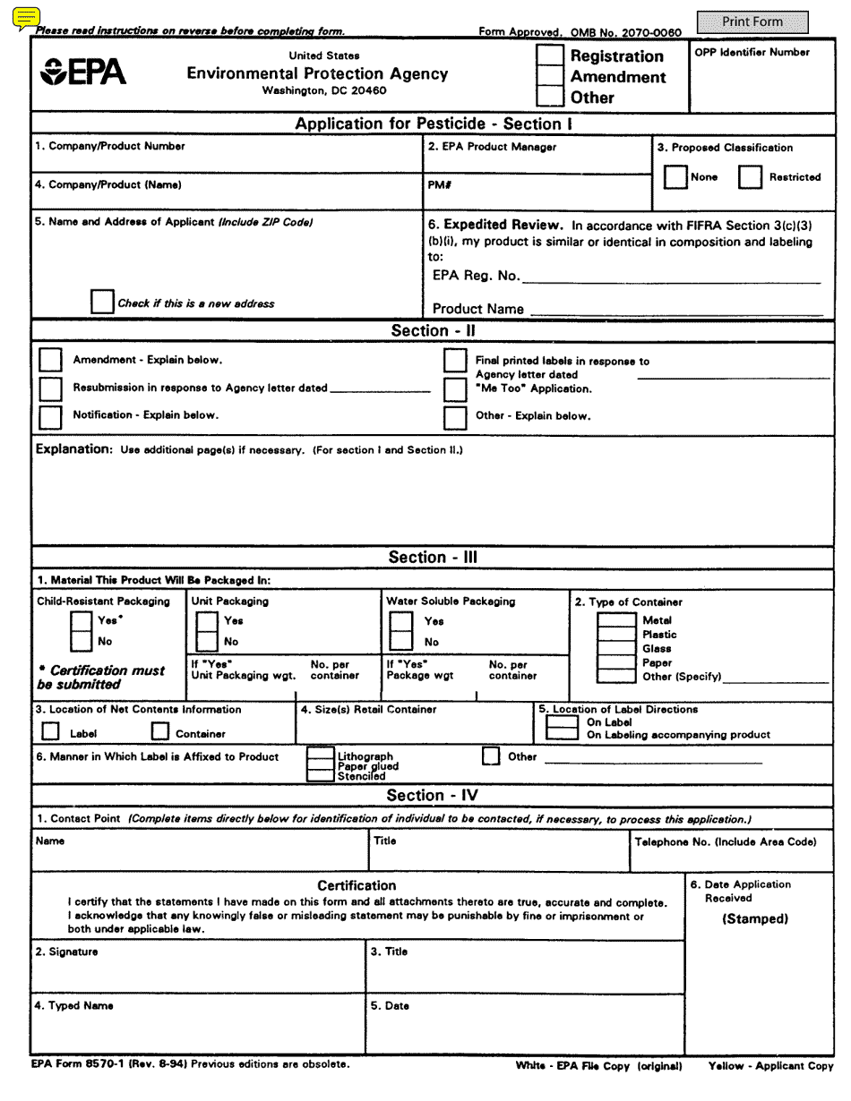 EPA Form 8570-1 Application for Pesticide, Page 1