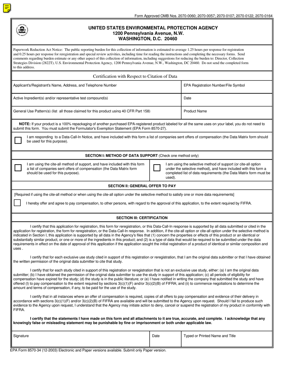 EPA Form 8570-34 Certification With Respect to Citation of Data, Page 1