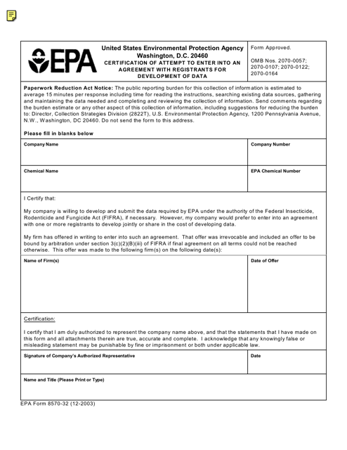 EPA Form 8570-32 Certification of Attempt to Enter Into an Agreement With Registrants for Development of Data