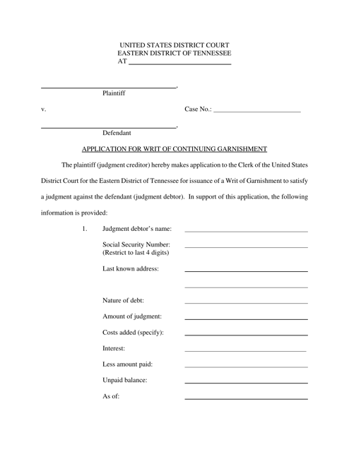 Application for Writ of Continuing Garnishment - Tennessee