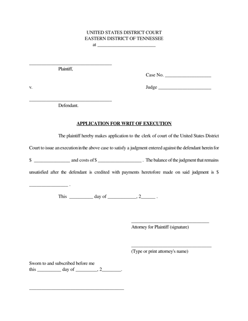 Application for Writ of Execution - Tennessee Download Pdf