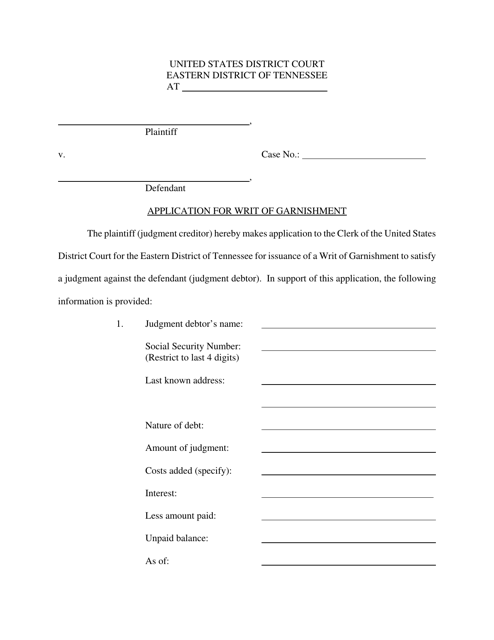 Application for Writ of Garnishment - Tennessee Download Pdf