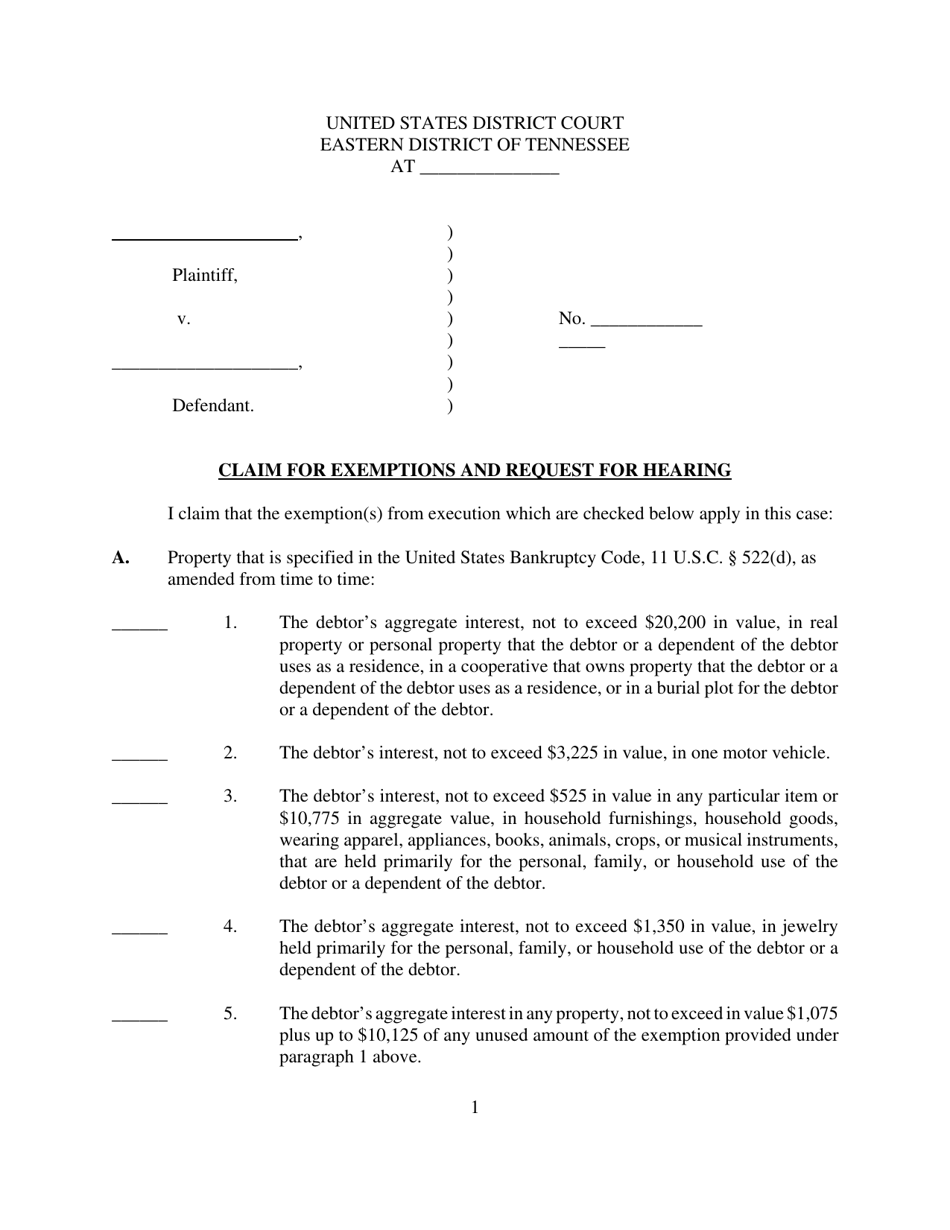 Claim for Exemptions and Request for Hearing - Tennessee, Page 1