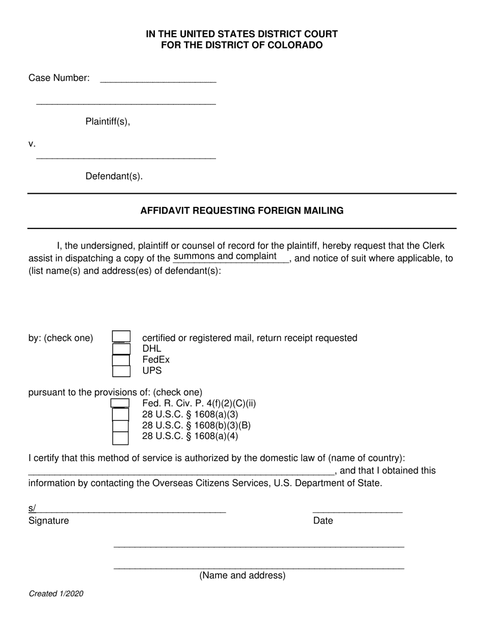 Affidavit Requesting Foreign Mailing - Colorado, Page 1