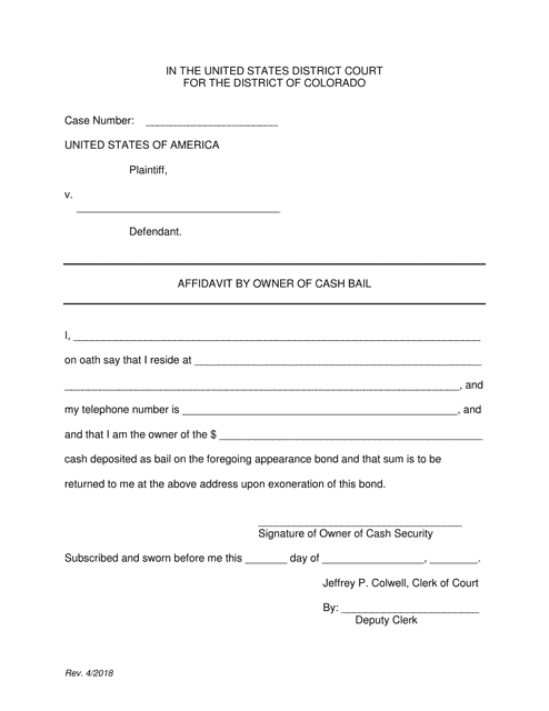 Affidavit by Owner of Cash Bail - Colorado
