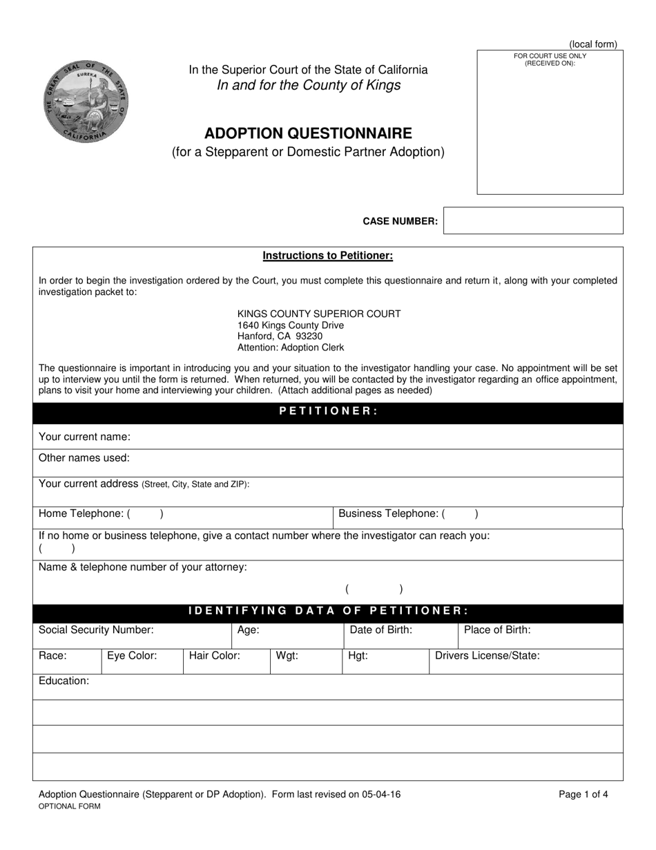 Adoption Questionnaire (For a Stepparent or Domestic Partner Adoption) - County of Kings, California, Page 1