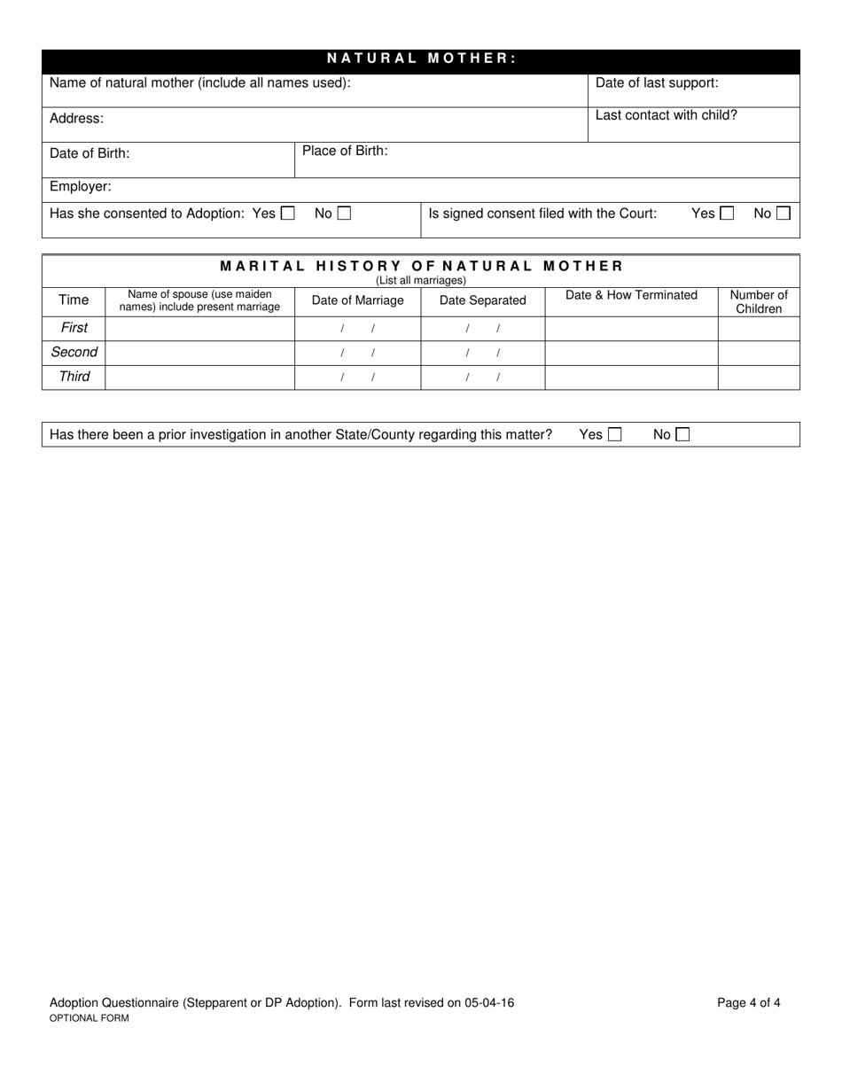Adoption Questionnaire (For a Stepparent or Domestic Partner Adoption) - County of Kings, California, Page 4